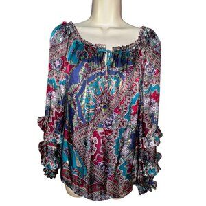 Hale Bob Small Satin Paisley Boho Blouse Ruffled Sleeves Sexy Hippie Prairie